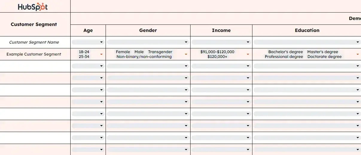 customer segmentation table with columns for customer types including description, age range, priority, and marketing campaign details, customer profiling