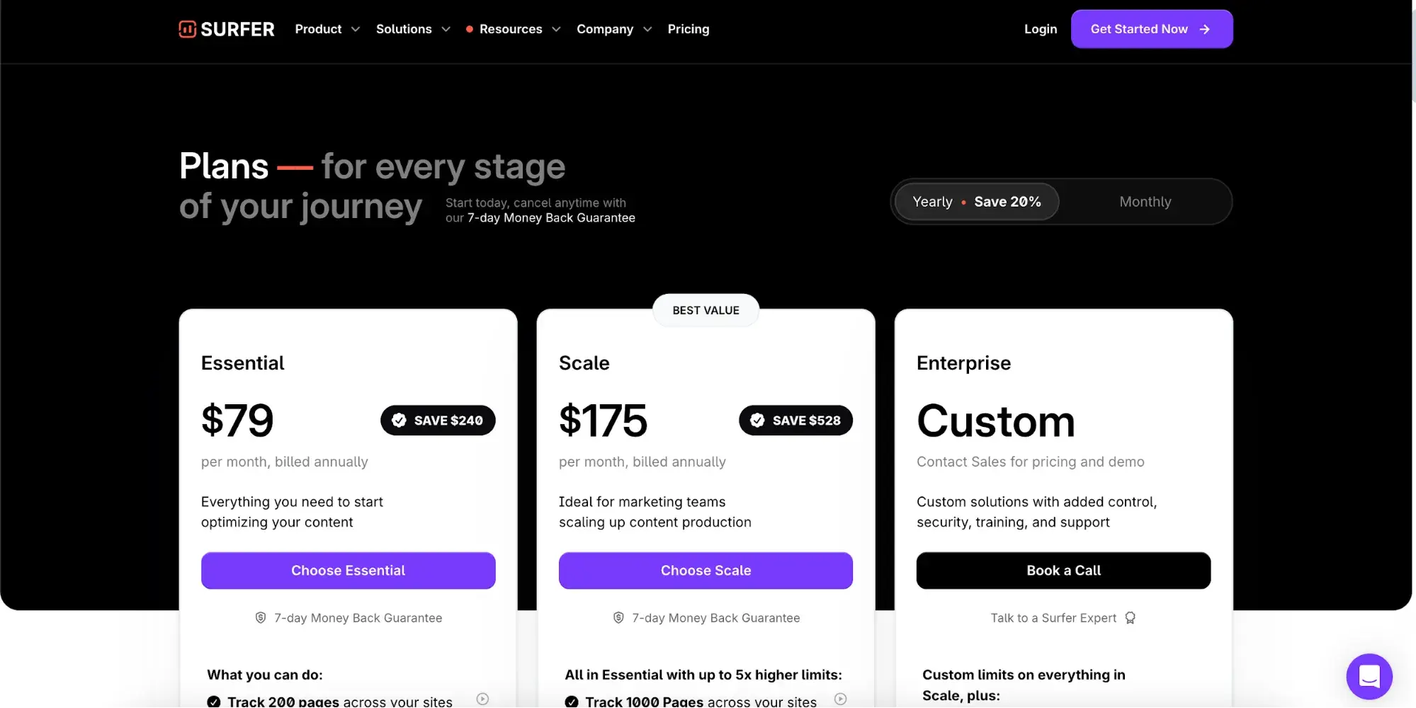 pricing page example from surferseo