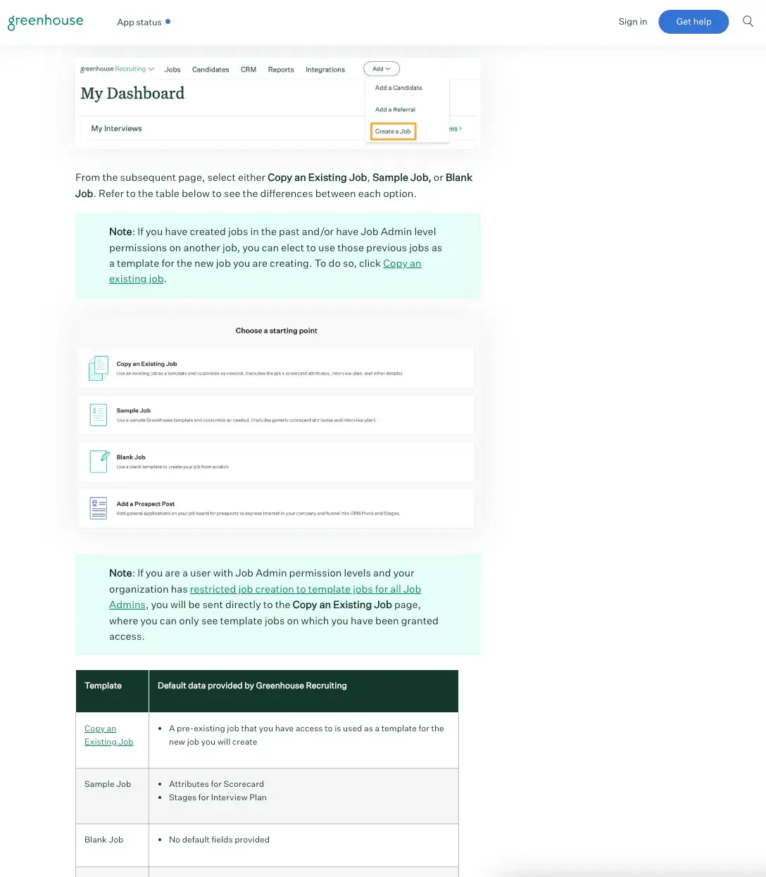 screenshot of greenhouse knowledge base article on creating a job post, knowledge base articles