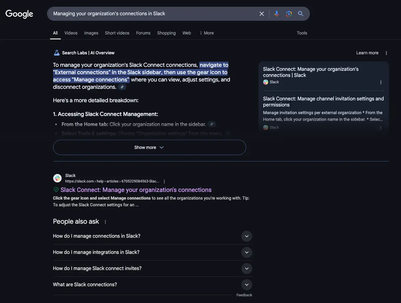 screenshot of google search results for managing your organization’s connections in slack, knowledge base articles