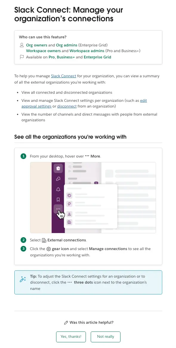 screenshot of slack help article on managing your organization’s connections, knowledge base articles