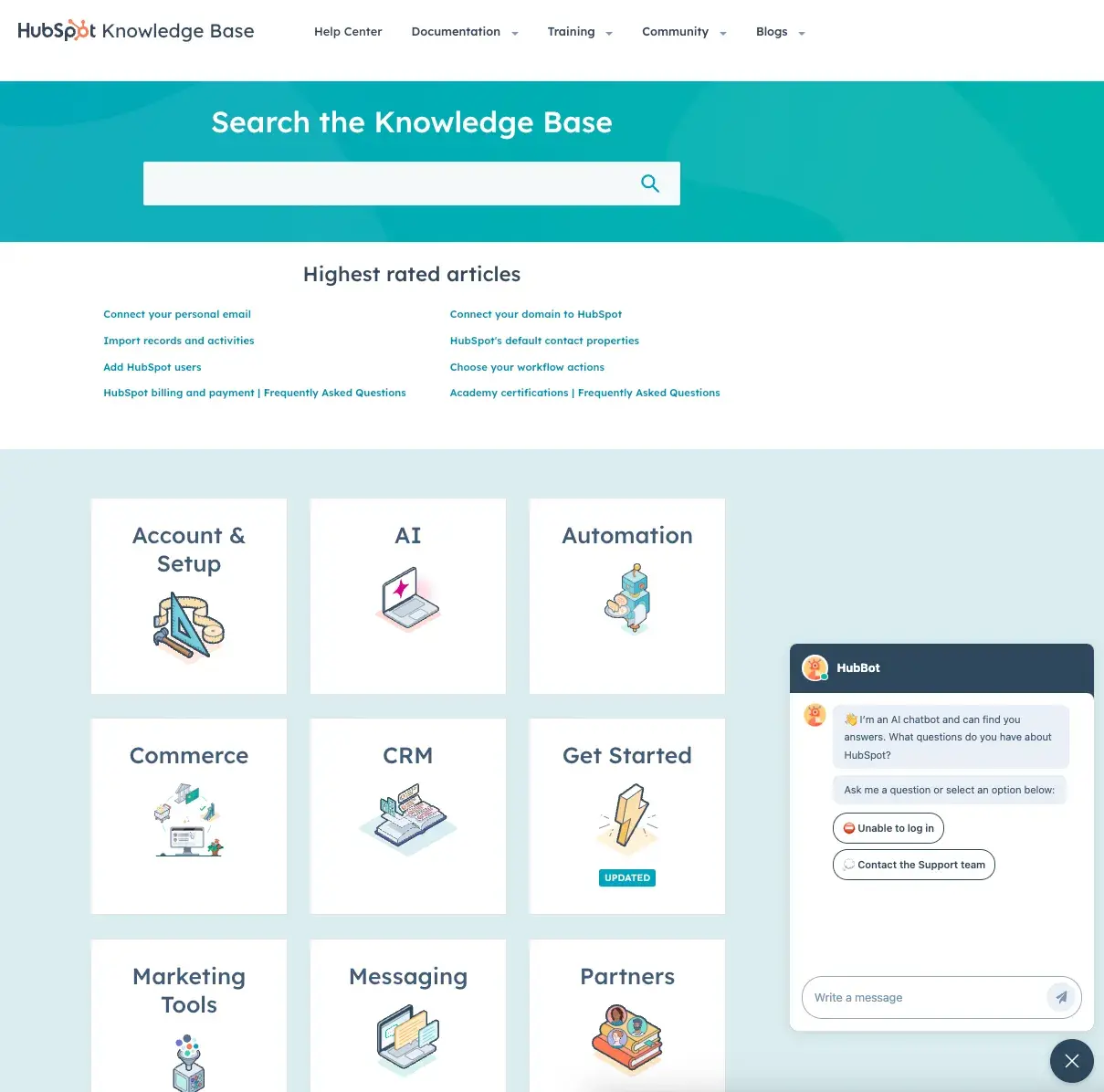 screenshot of hubspot knowledge base homepage, knowledge base articles
