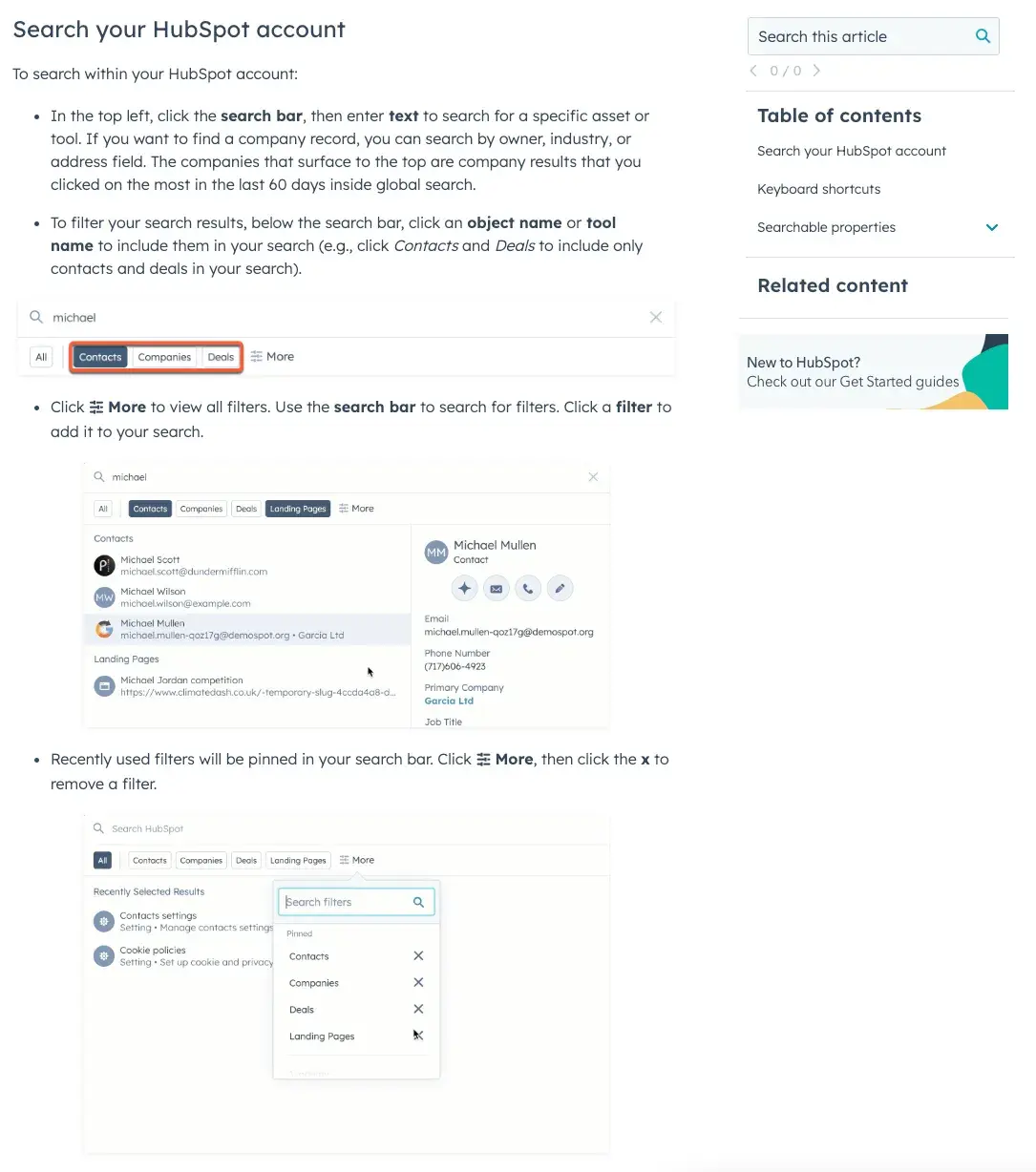 hubspot knowledge base article showing account search with filters and results visuals, knowledge base articles