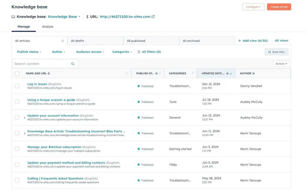 hubspot knowledge base management portal showing categories and other filters, knowledge base articles
