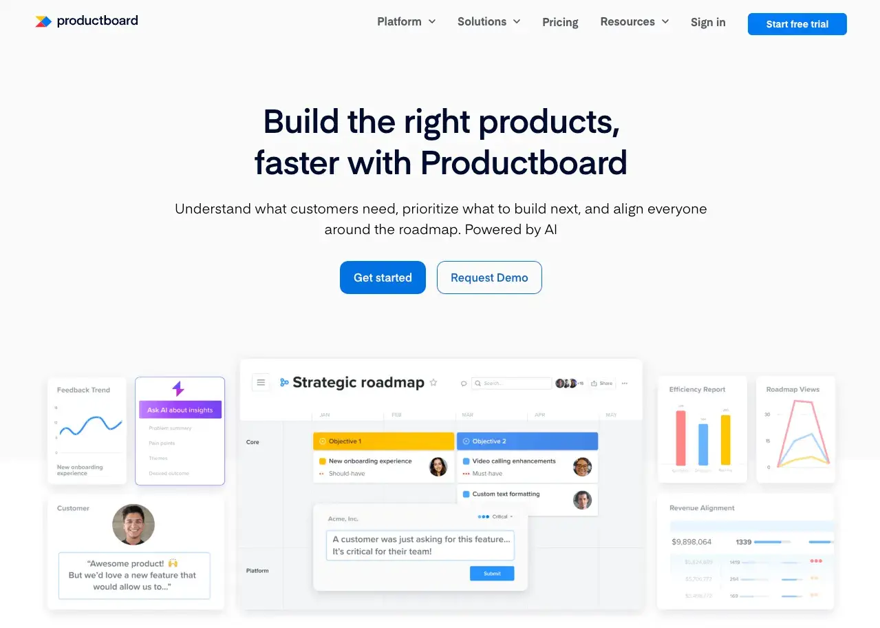 productboard website homepage with the header build the right products, faster with productboard, saas onboarding best practices