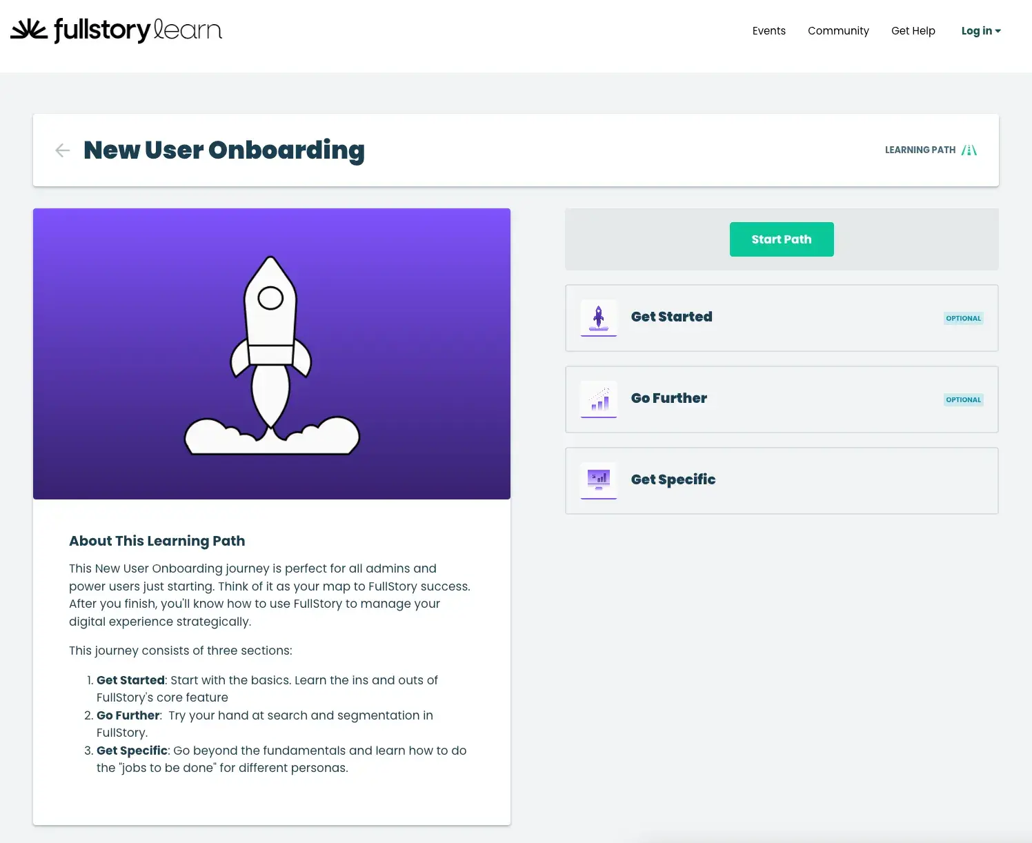 fullstory new user onboarding page showing getting started path, saas onboarding best practices