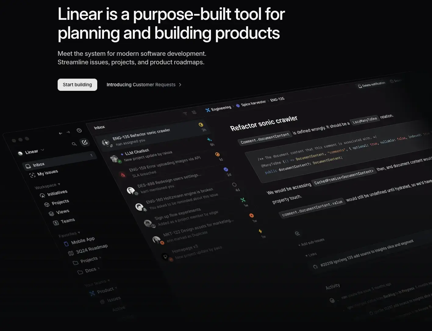 linear.app website homepage demonstrating their project management tool, saas onboarding best practices
