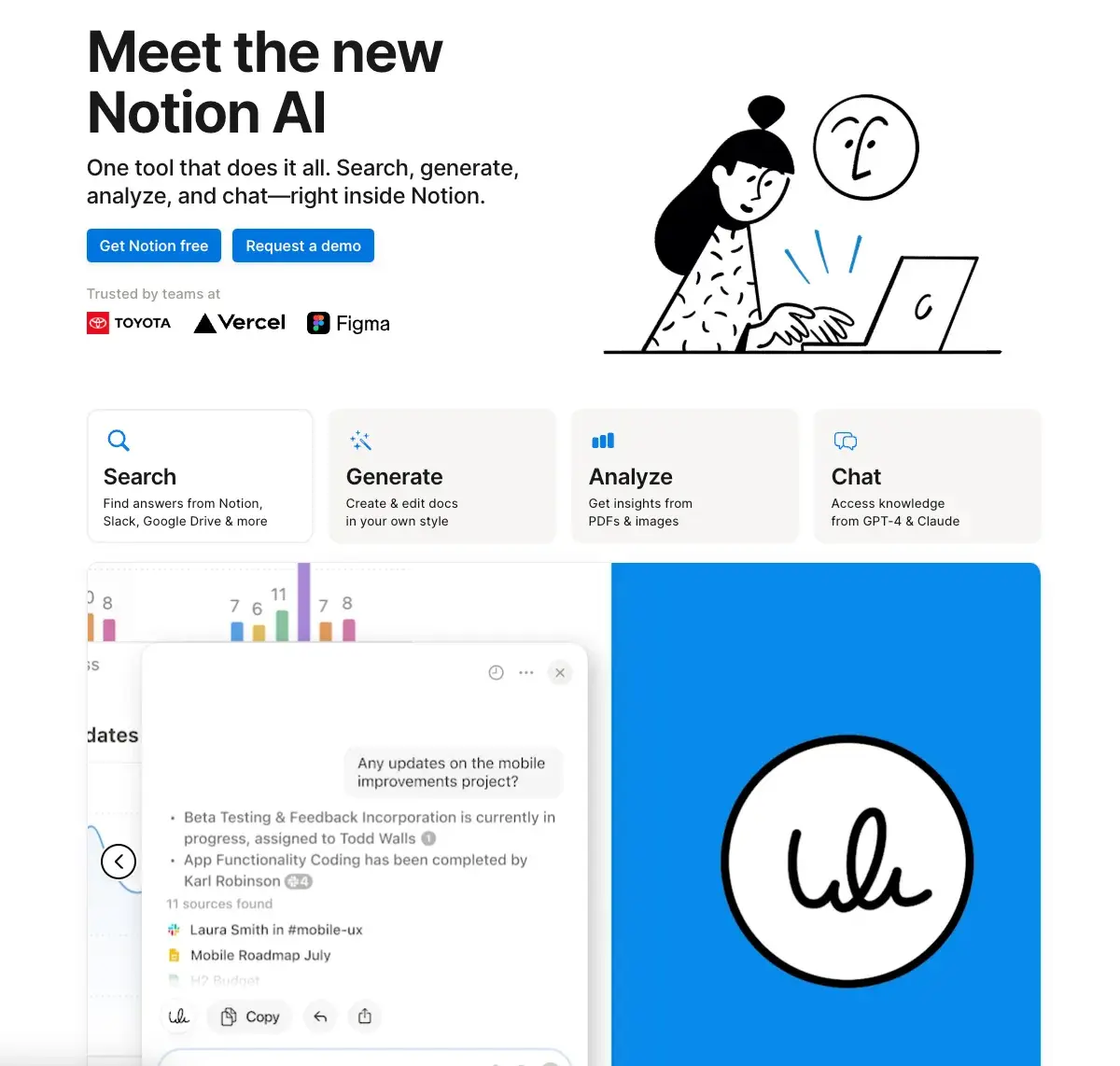 notion ai website homepage promoting tool to search, generate, analyze, and chat, saas onboarding best practices