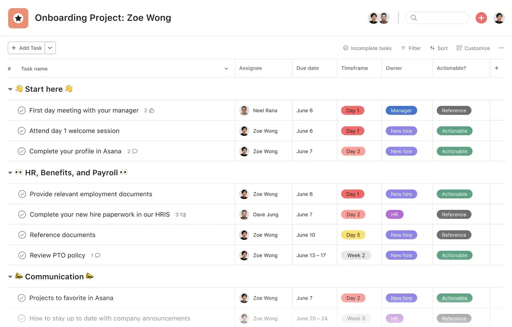 asana actionable guide showing onboarding project for zoe wong, saas onboarding best practices