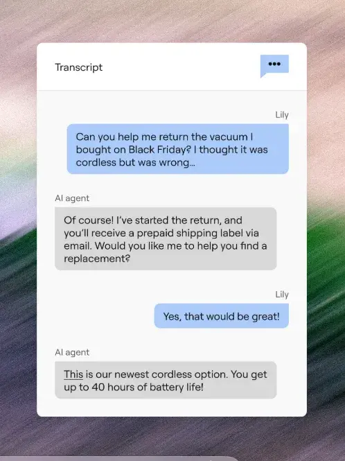interface of ai agent for customer support chatting with customer on return process