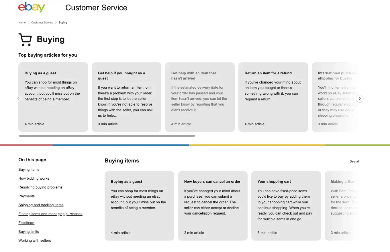 faq page examples, ebay, scrolling through topics