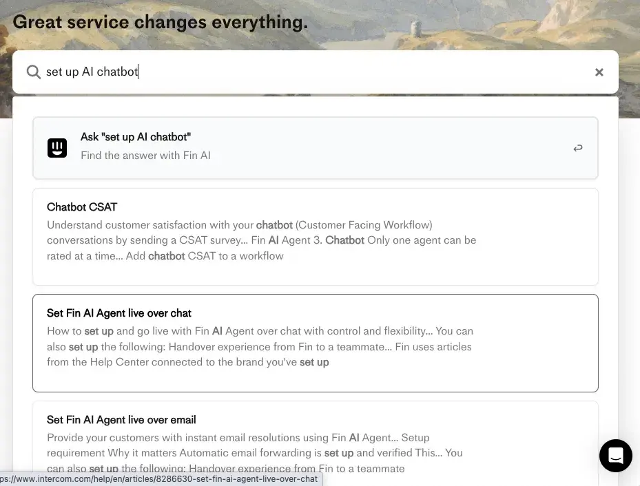 intercom knowledge base example with ai assistant “fin”