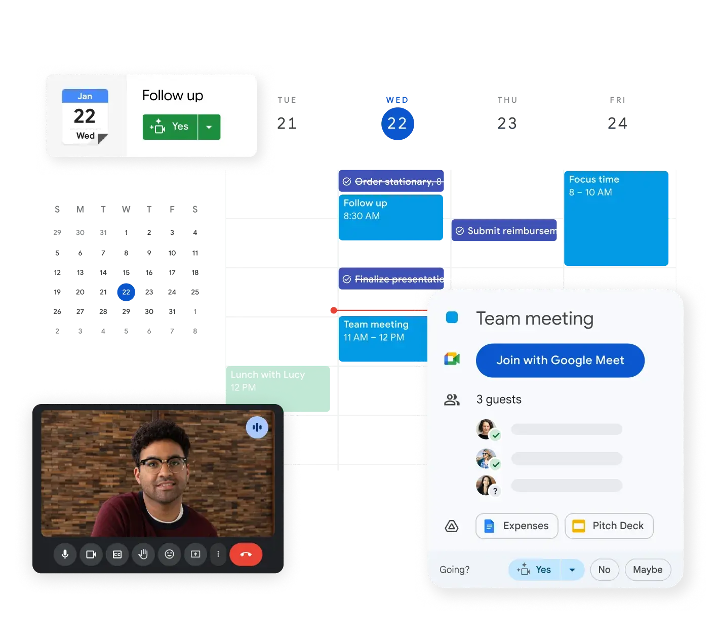team collaboration, google calendar interface showing scheduled meetings, event details, and google meet video integration for team coordination.