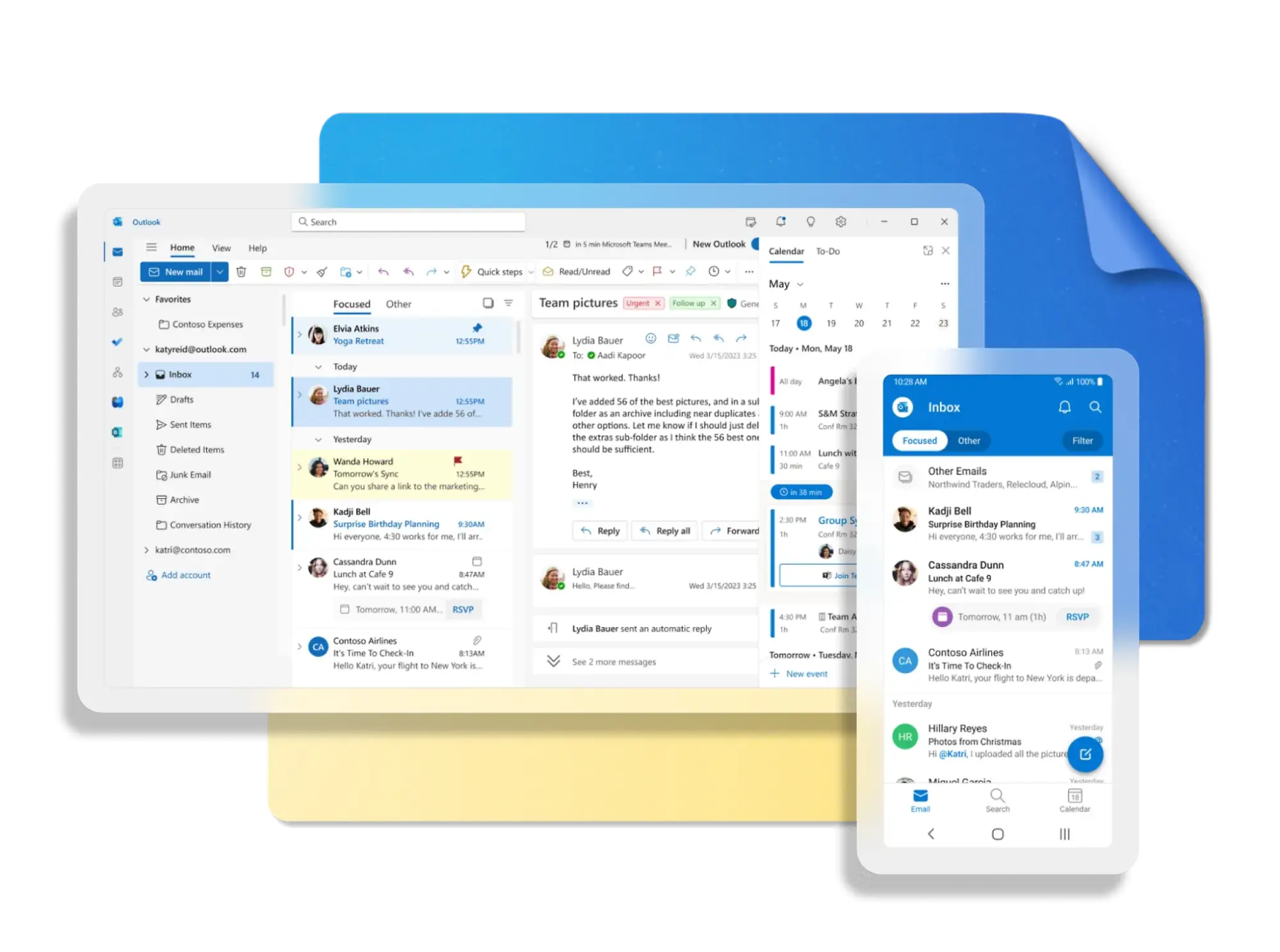 team collaboration, microsoft outlook desktop and mobile interface showing email inbox, calendar events, and threaded conversations for team scheduling and communication.