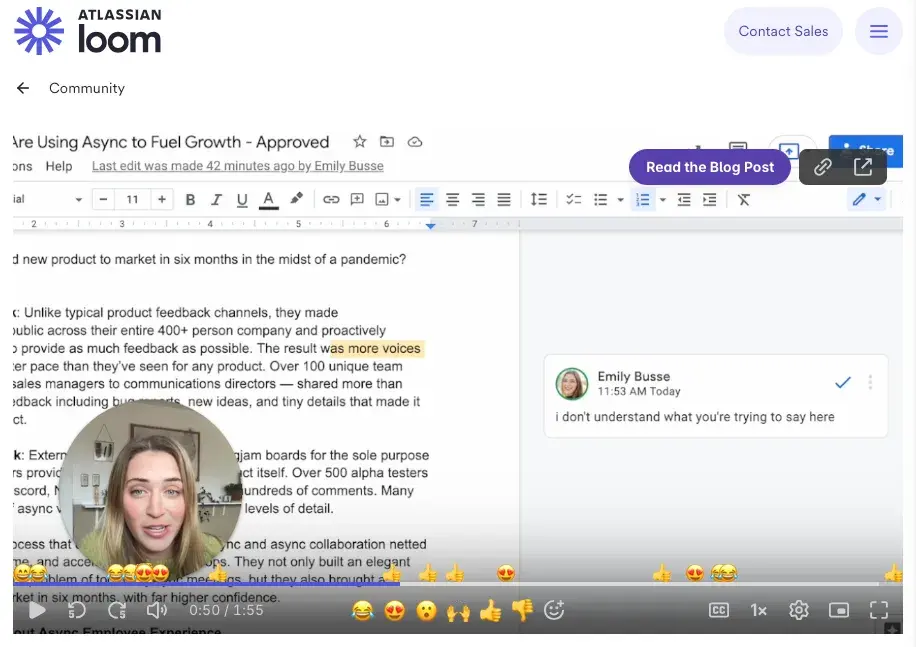 team collaboration, loom video feedback on a shared google doc, used for async collaboration and team communication.