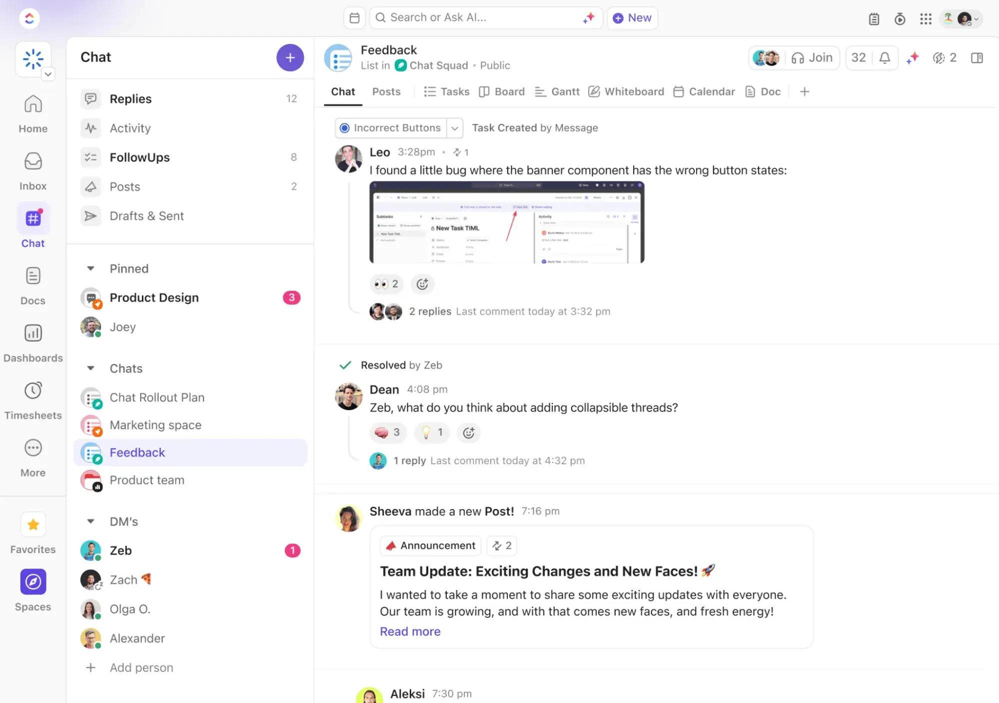 team collaboration, clickup chat interface showing a team discussing product feedback, assigning tasks, and sharing announcements across spaces.