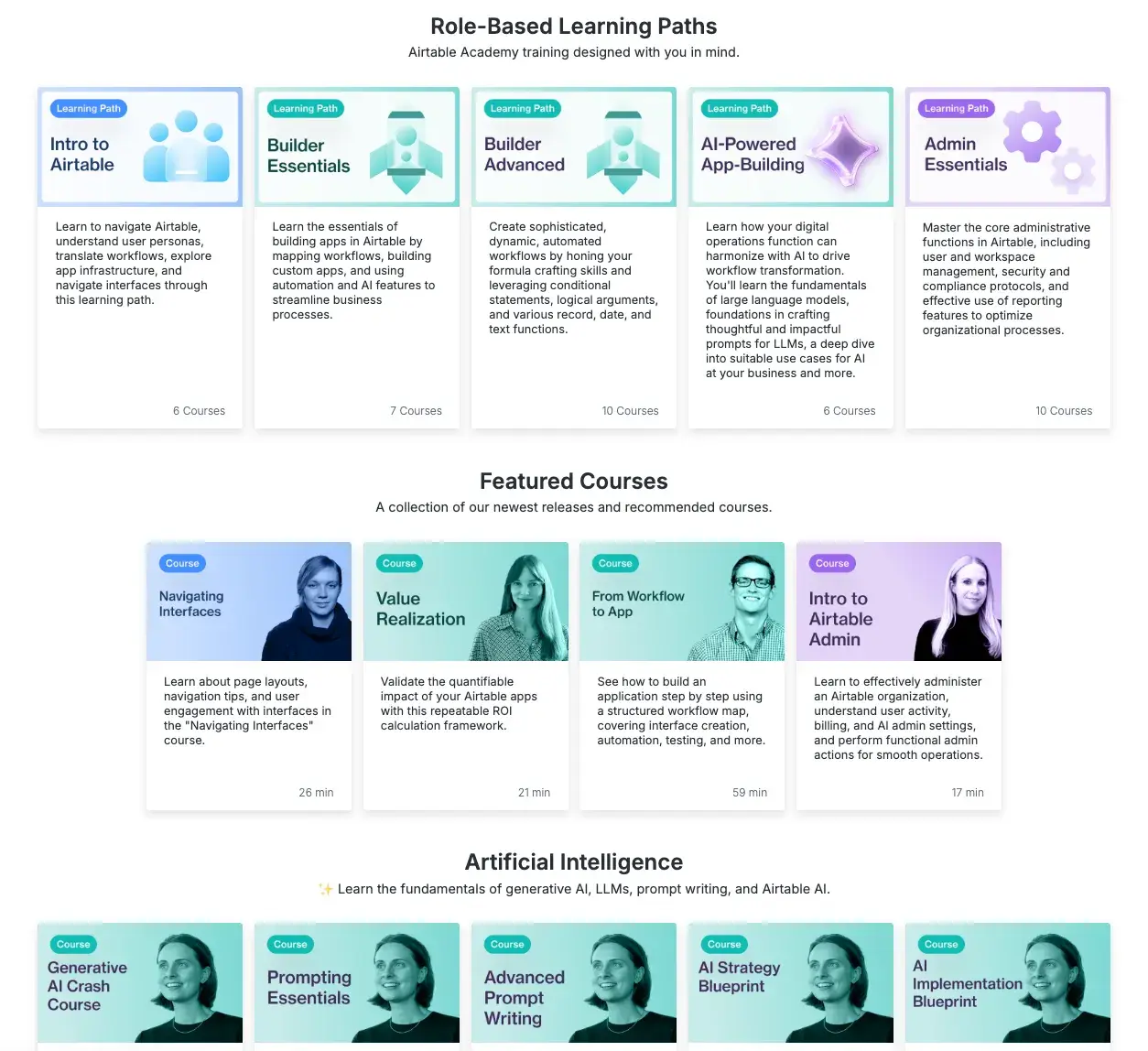 airtable academy learning paths and courses, customer education examples
