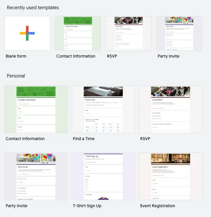 google forms template gallery