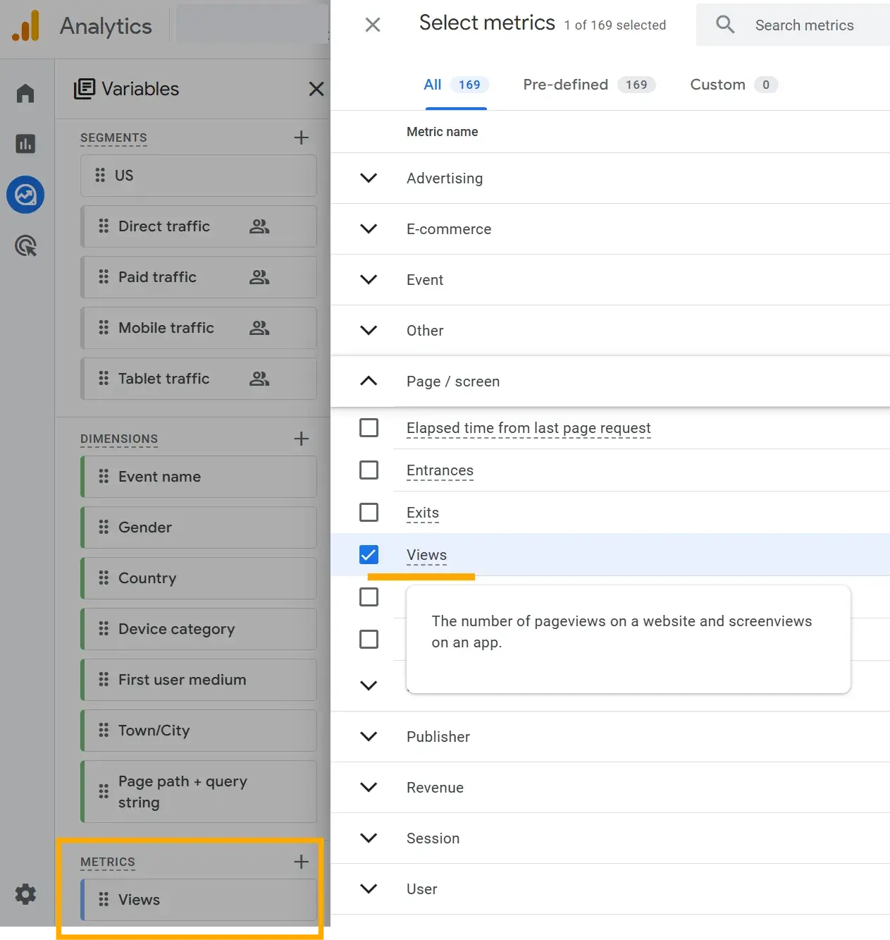 screenshot shows users how to add metrics in g4 to establish how many views seo knowledge base pages receive.