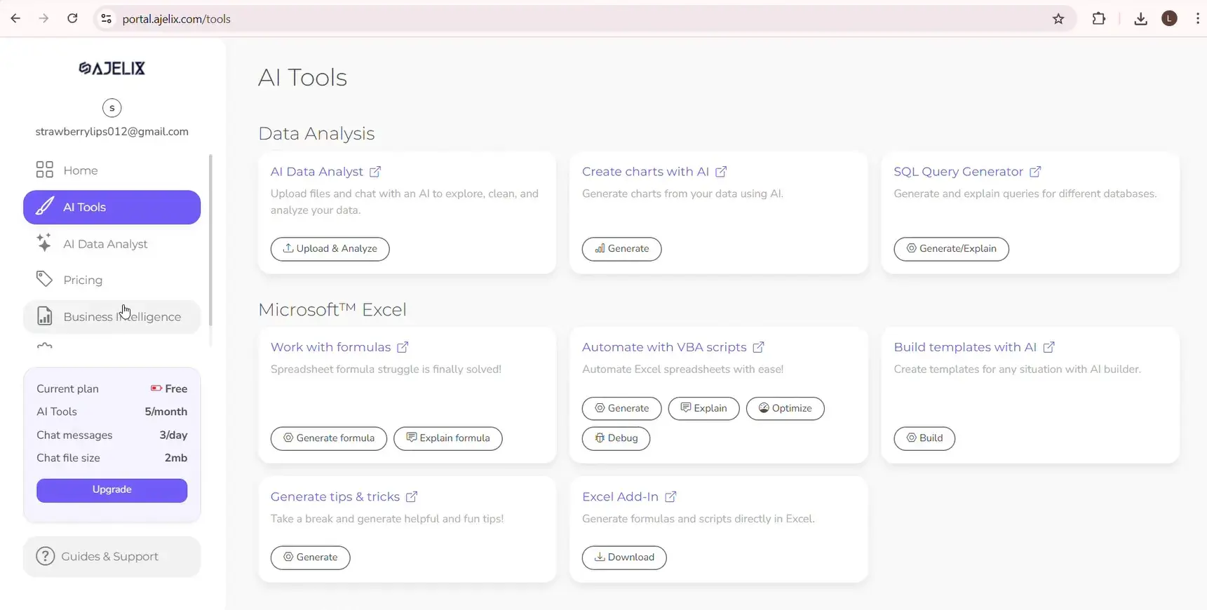 best ai tools for excel, ajelix interface with its many ai tools