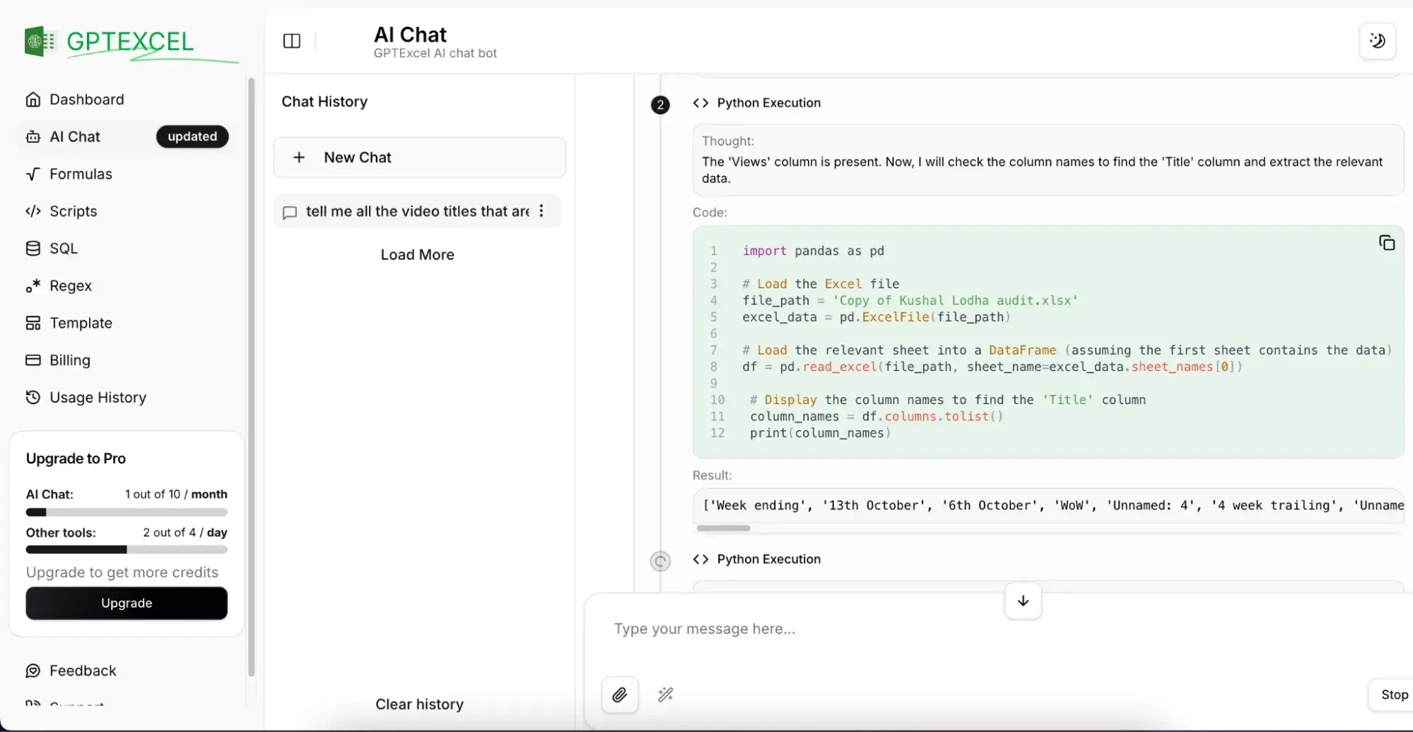 best ai tools for excel, gptexcel’s chat results with python code