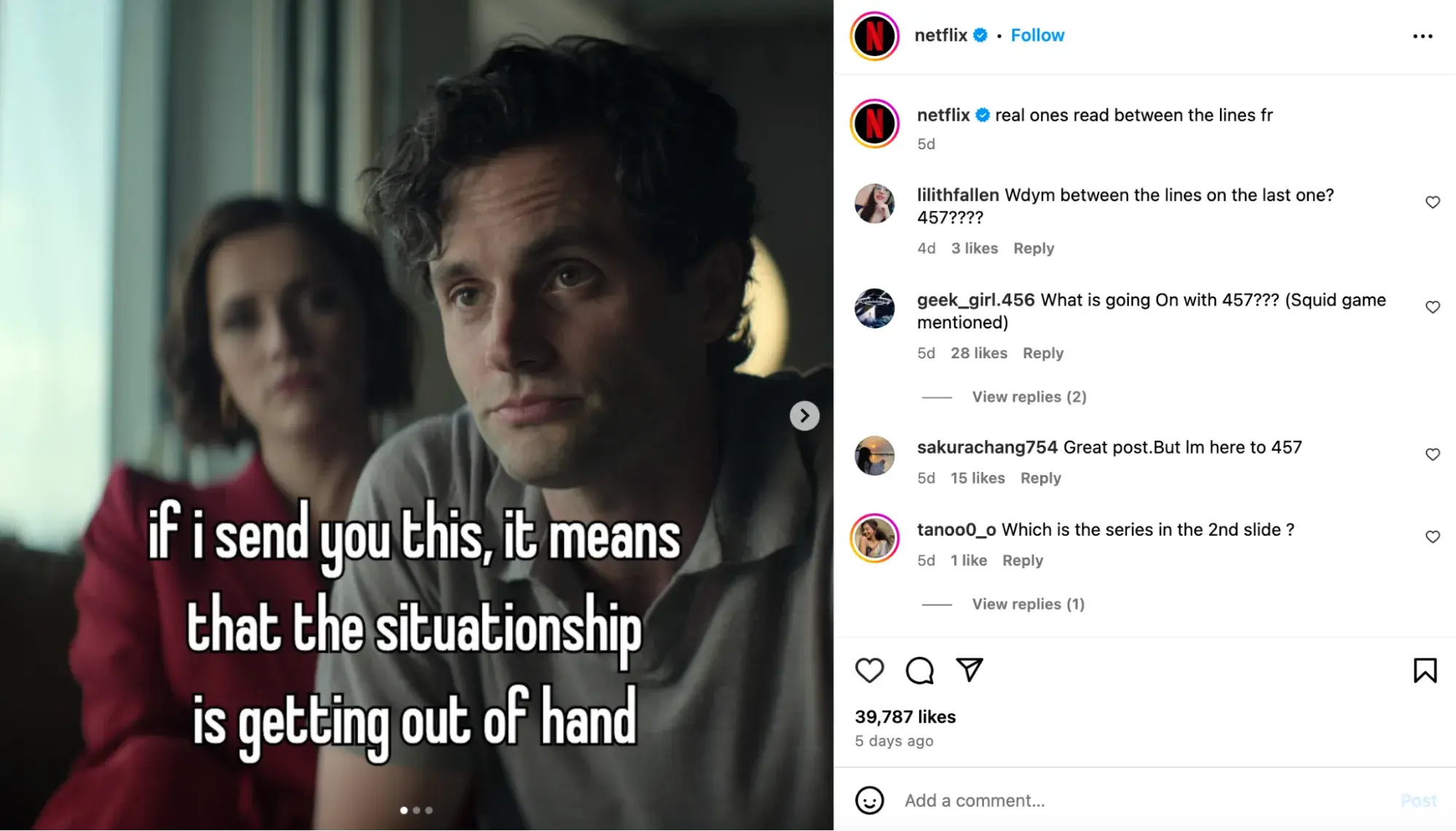 an instagram post from netflix that shows the brand’s voice and personality. https://www.instagram.com/p/diet9qmowwa/?img_index=1