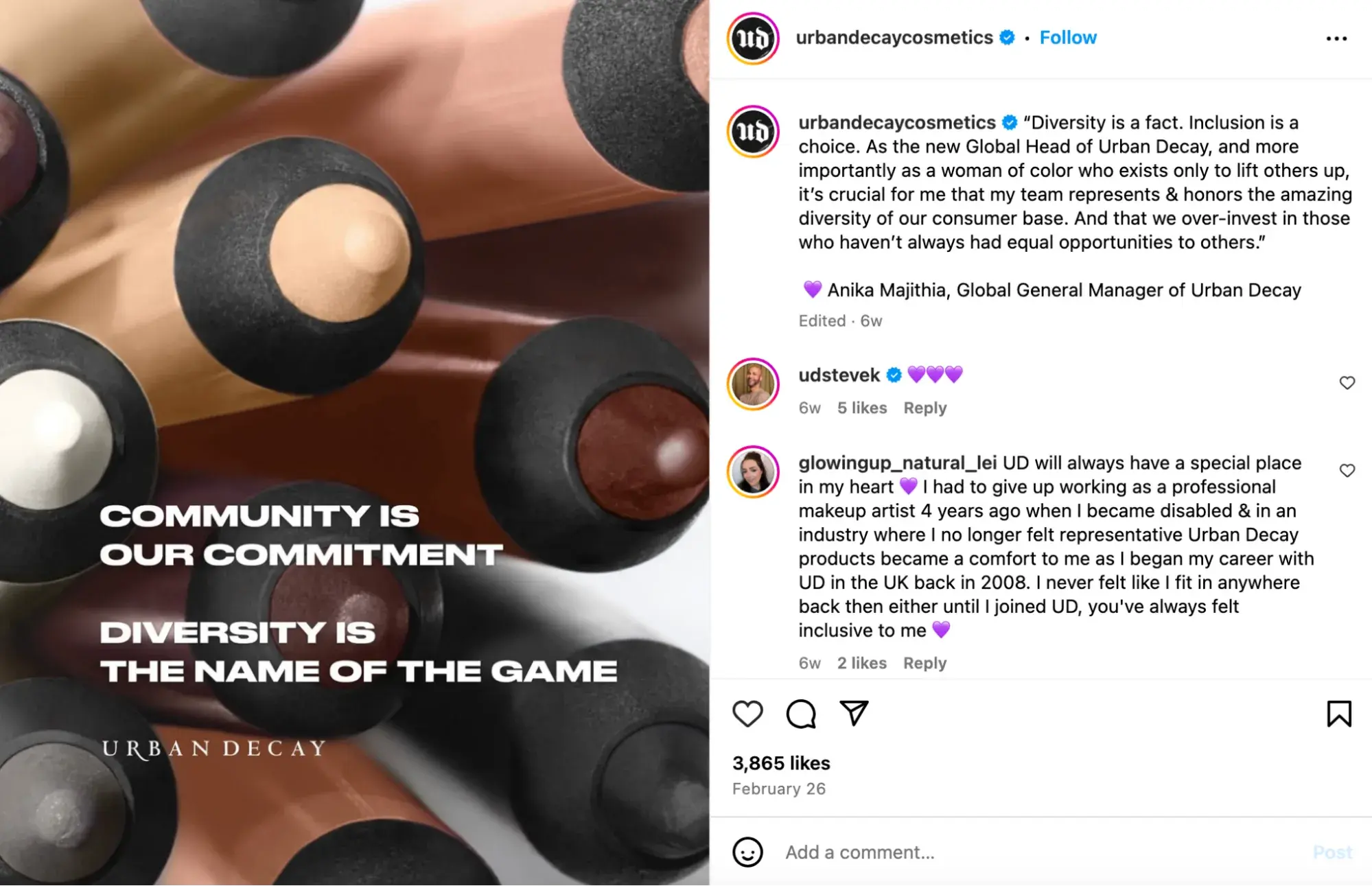 an instagram post from urban decay cosmetics letting its followers know that diversity and inclusion is one of its brand values.https://www.instagram.com/p/dgjptkesvol/