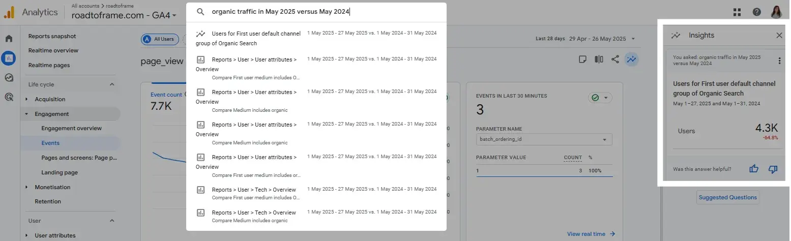 screenshot from my google analytics account shows the insights sharing traffic insights.