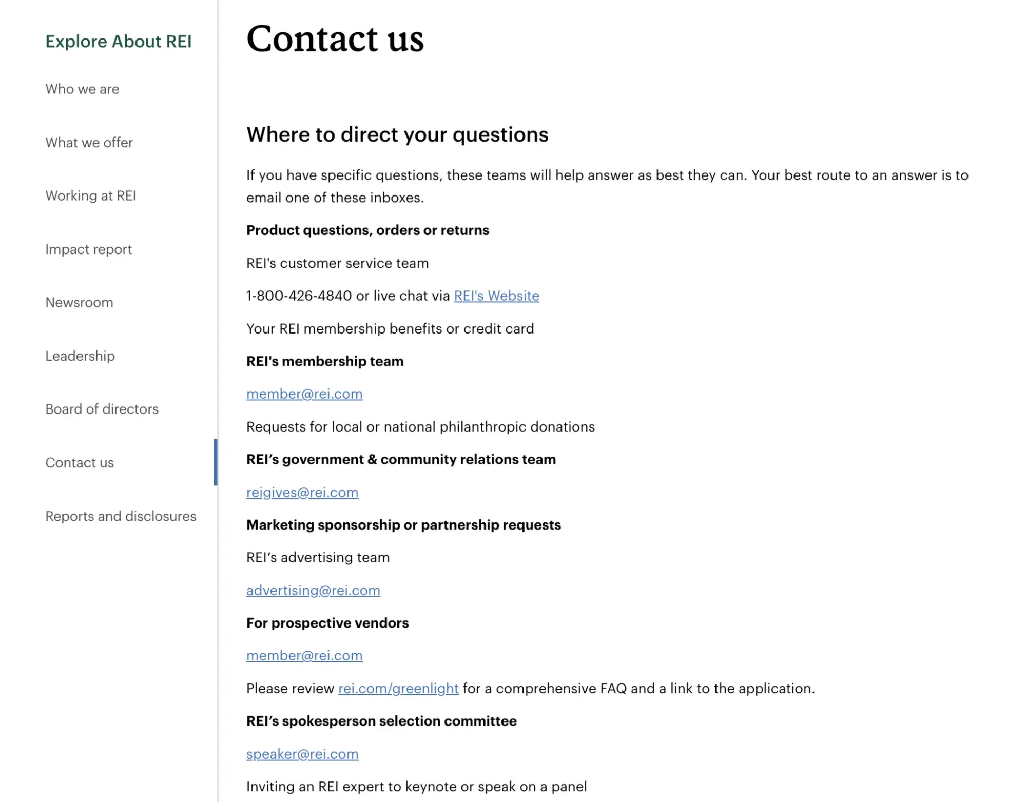 contact us page examples, rei contact us page