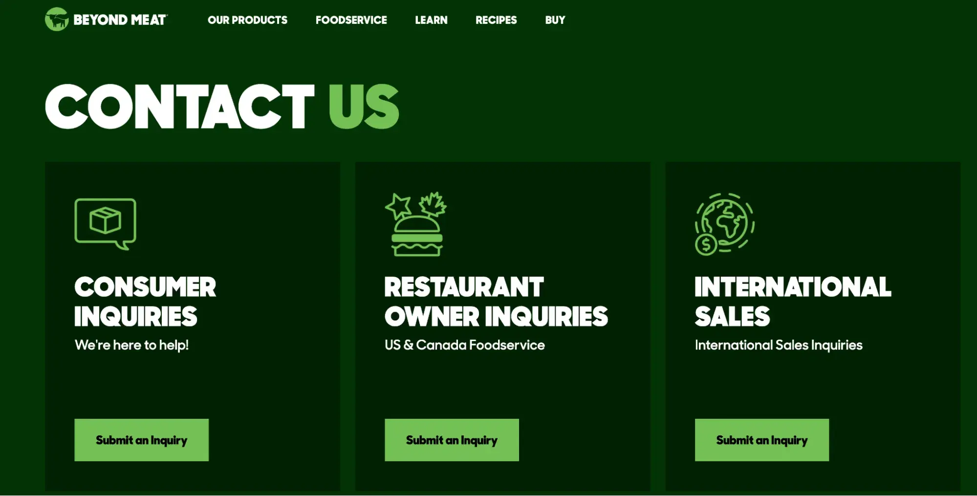 contact us page examples, beyond meat contact us page