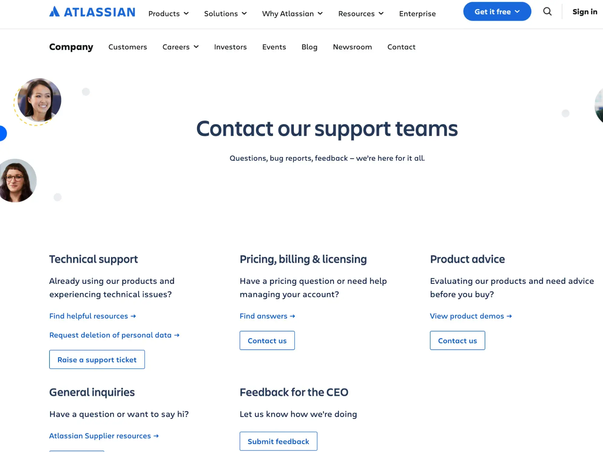 contact us page examples, atlassian contact page