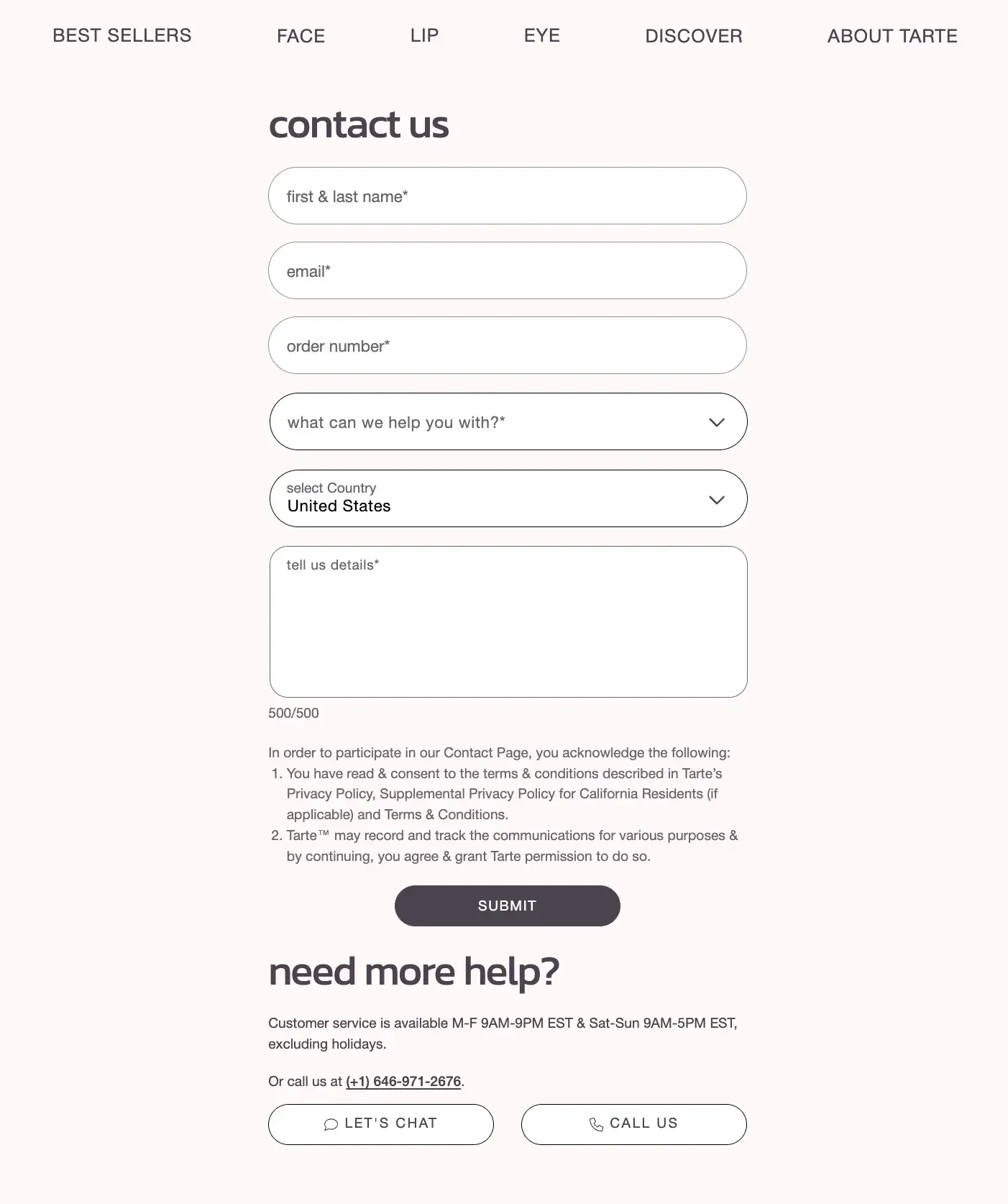 contact us page examples, tarte contact page