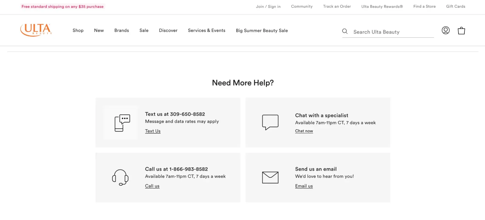 contact us page examples, ulta need more help page