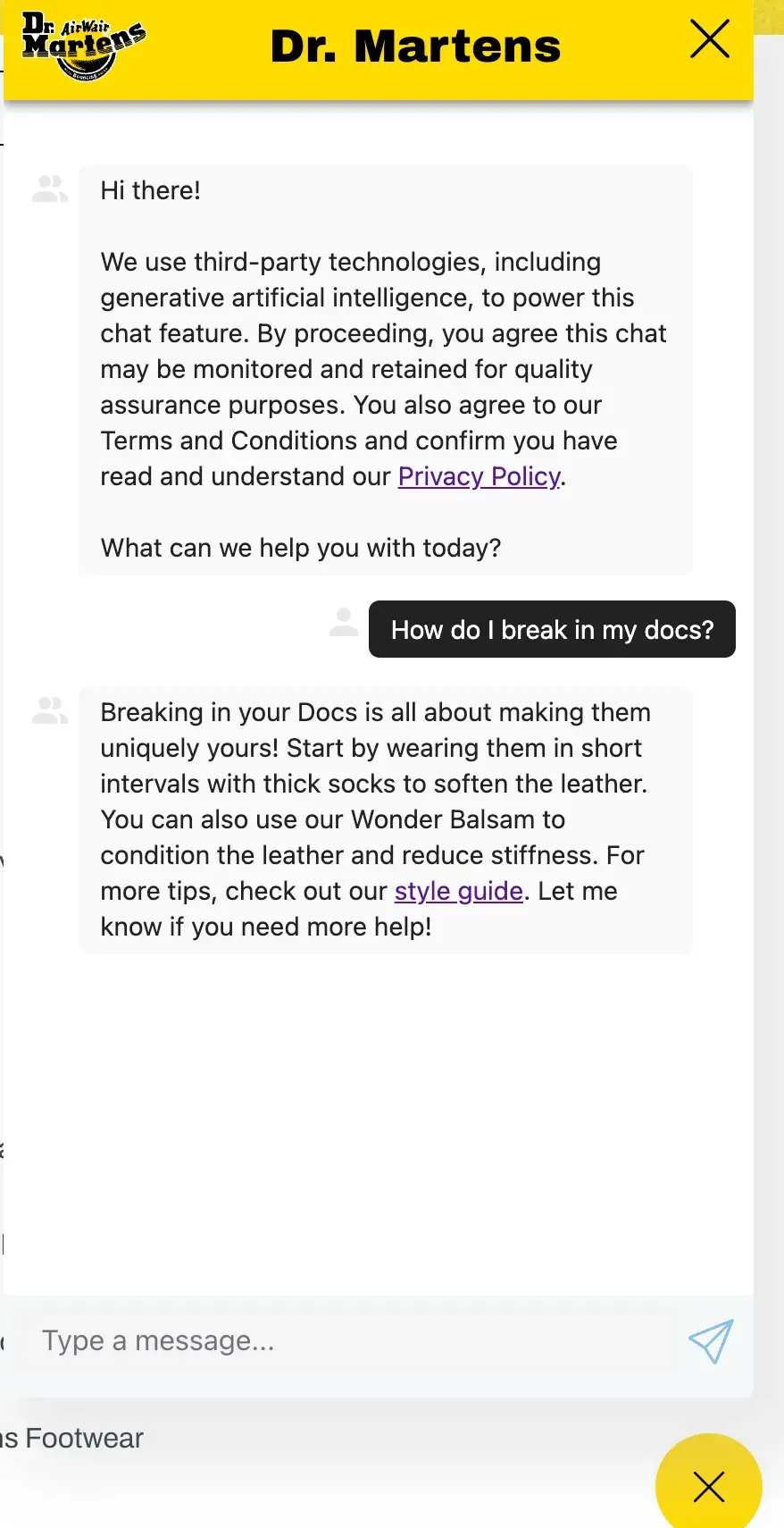 contact us page examples, dr. marten’s chatbot contact us page