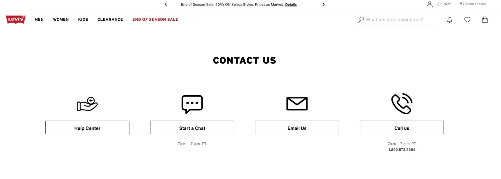 contact us page examples, levi’s contact page