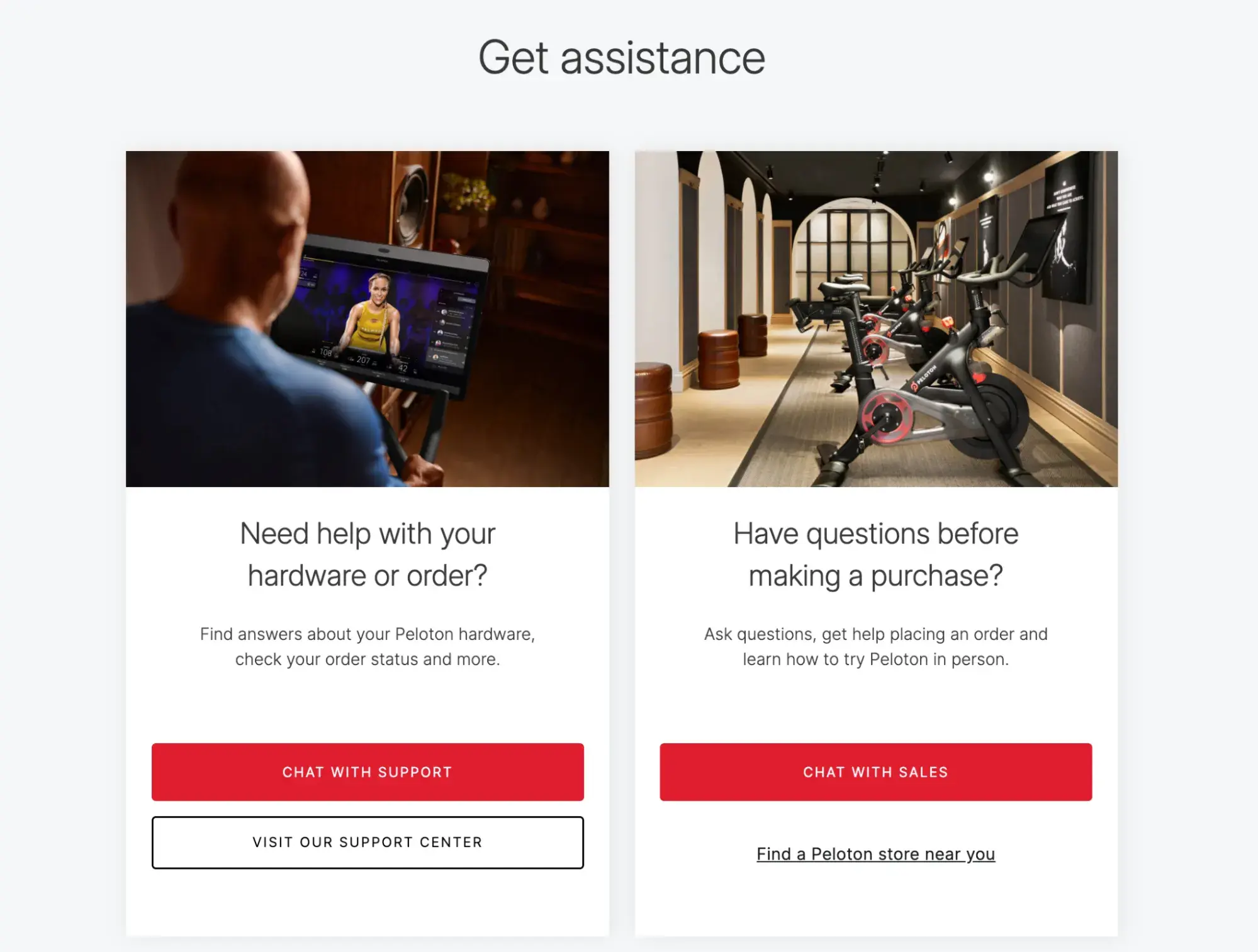 contact us page examples, peloton get assistance page