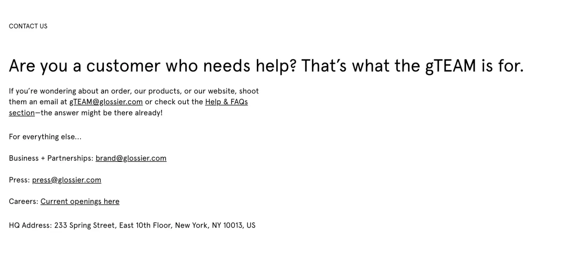 contact us page examples, glossier contact us page