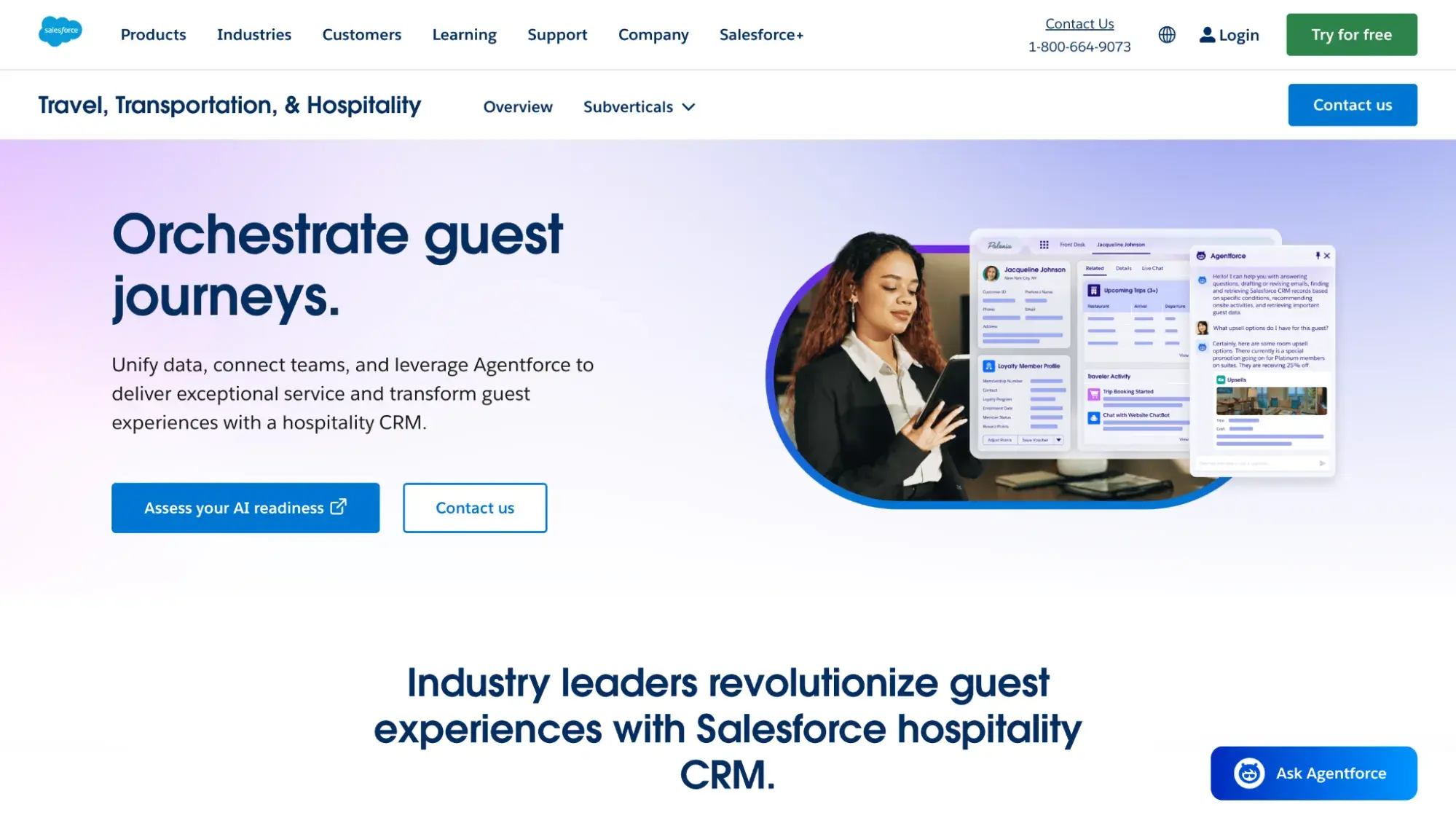 Salesforce landing page for travel, transportation, and hospitality