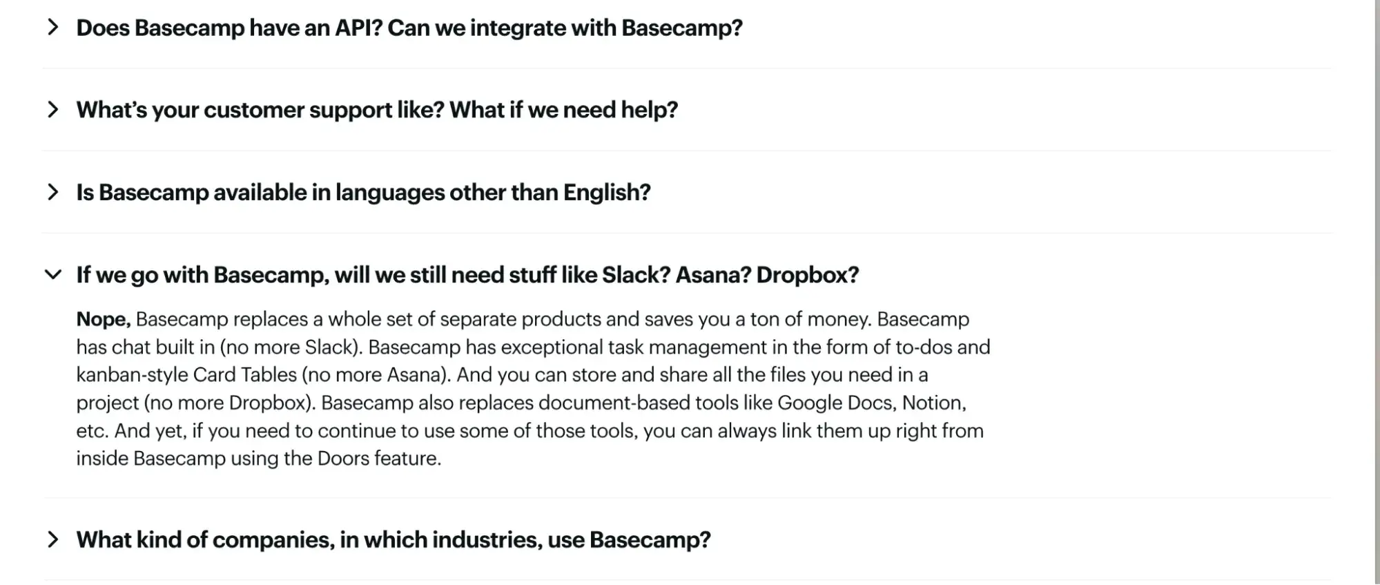 basecamp copywriting examples in the faq section
