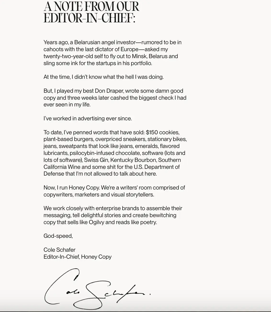 honey copy copywriting examples — about me