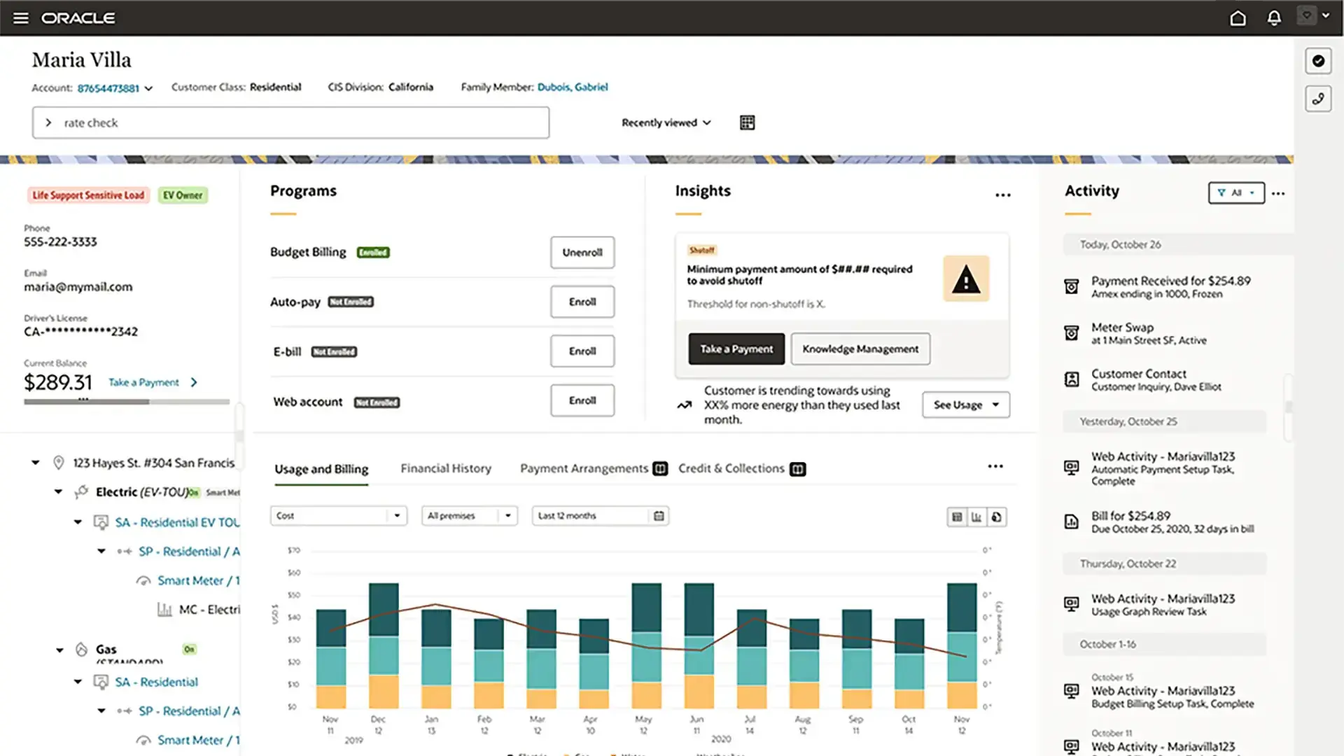 screenshot showing a contact in oracle, a crm for utilities companies