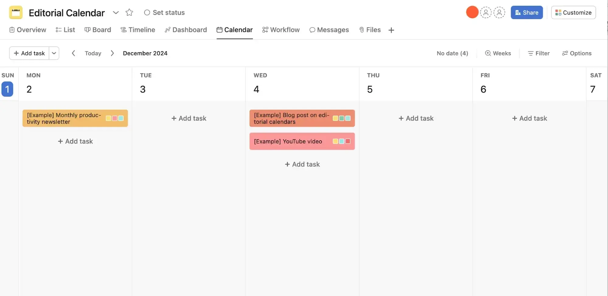content calendar, asana