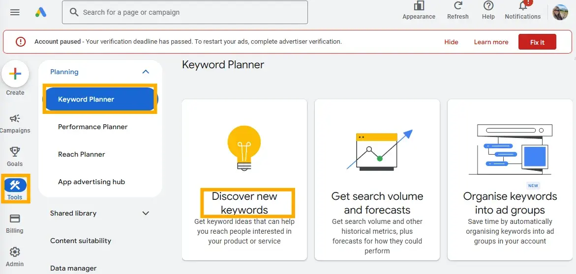 an annotated screenshot shows the workflow for discovering new keywords using the google keyword planner tool.