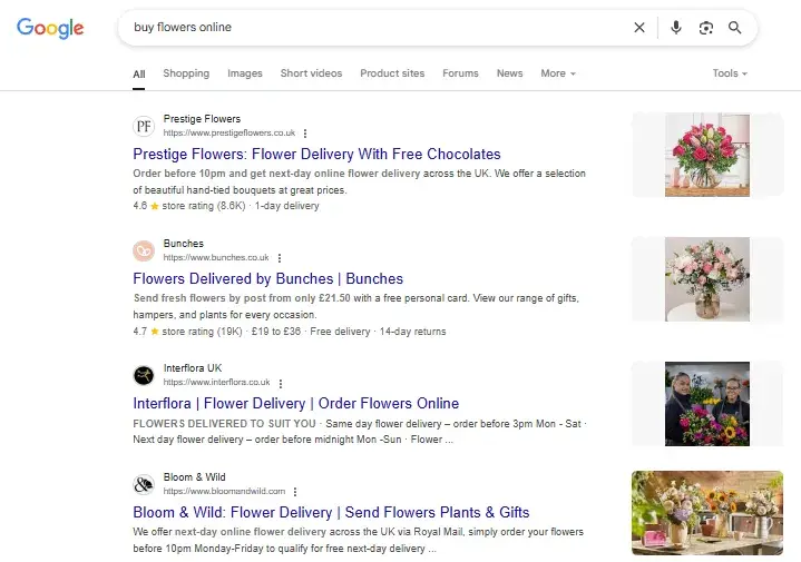 a screenshot from google serps provides an example of keyword research that returns conversion-driven pages.
