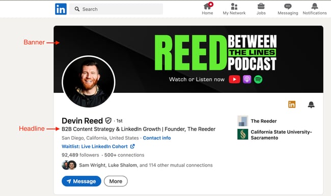screenshot of devin reed’s linkedin account with the banner and headline highlighted