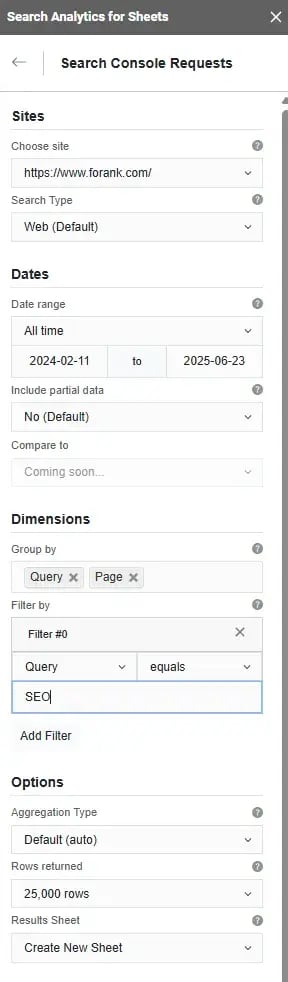 a screenshot of the extension, search analytics for sheets, shows the customization i used for a search console request.