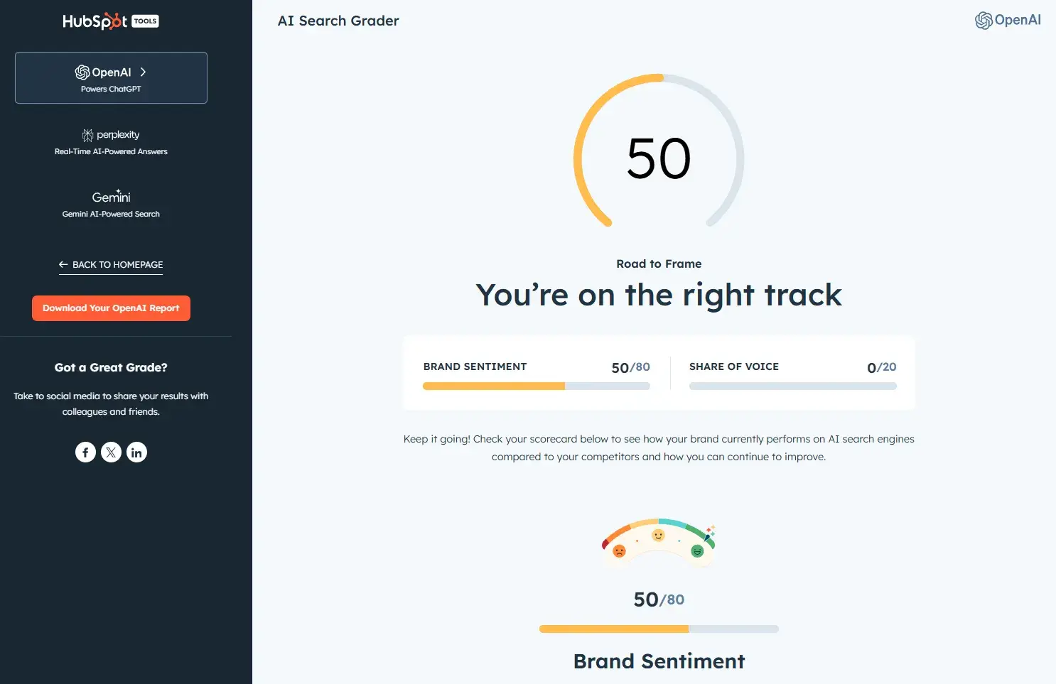 screenshot from the seo analysis tool, ai search grader. the screenshot shows my website with a score of 50/100.