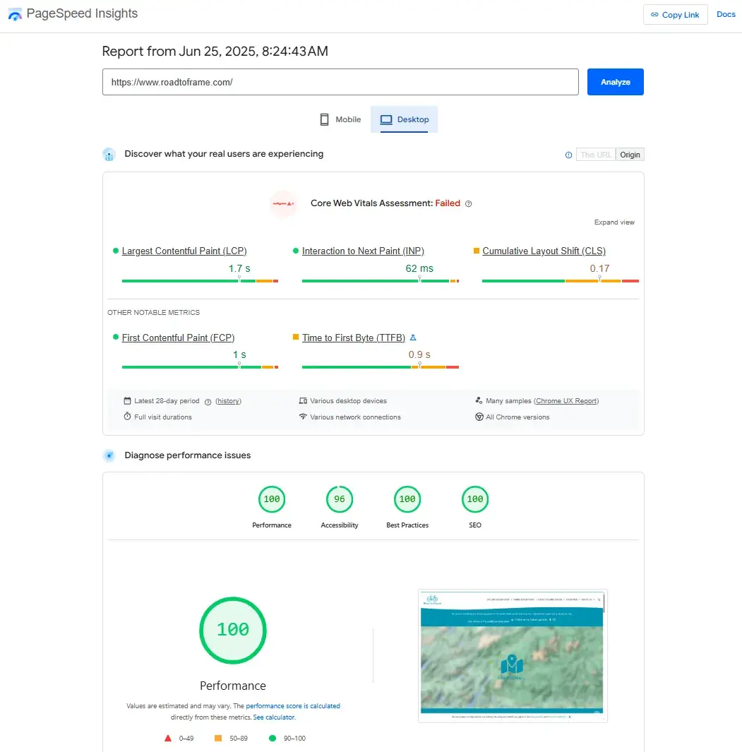 the screenshot shows the desktop results for my blog using the pagespeed insights seo analysis tool.