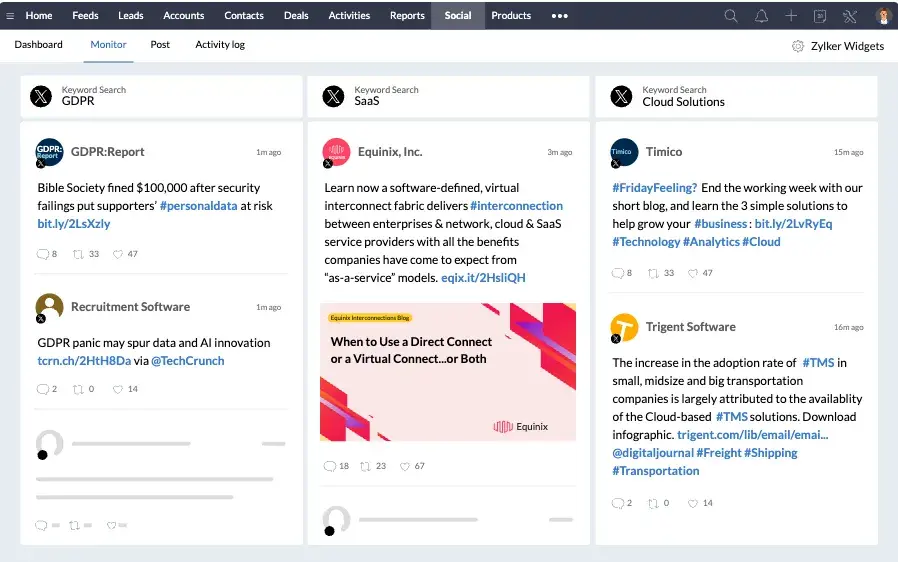 zoho social's interface integrated with zoho crm