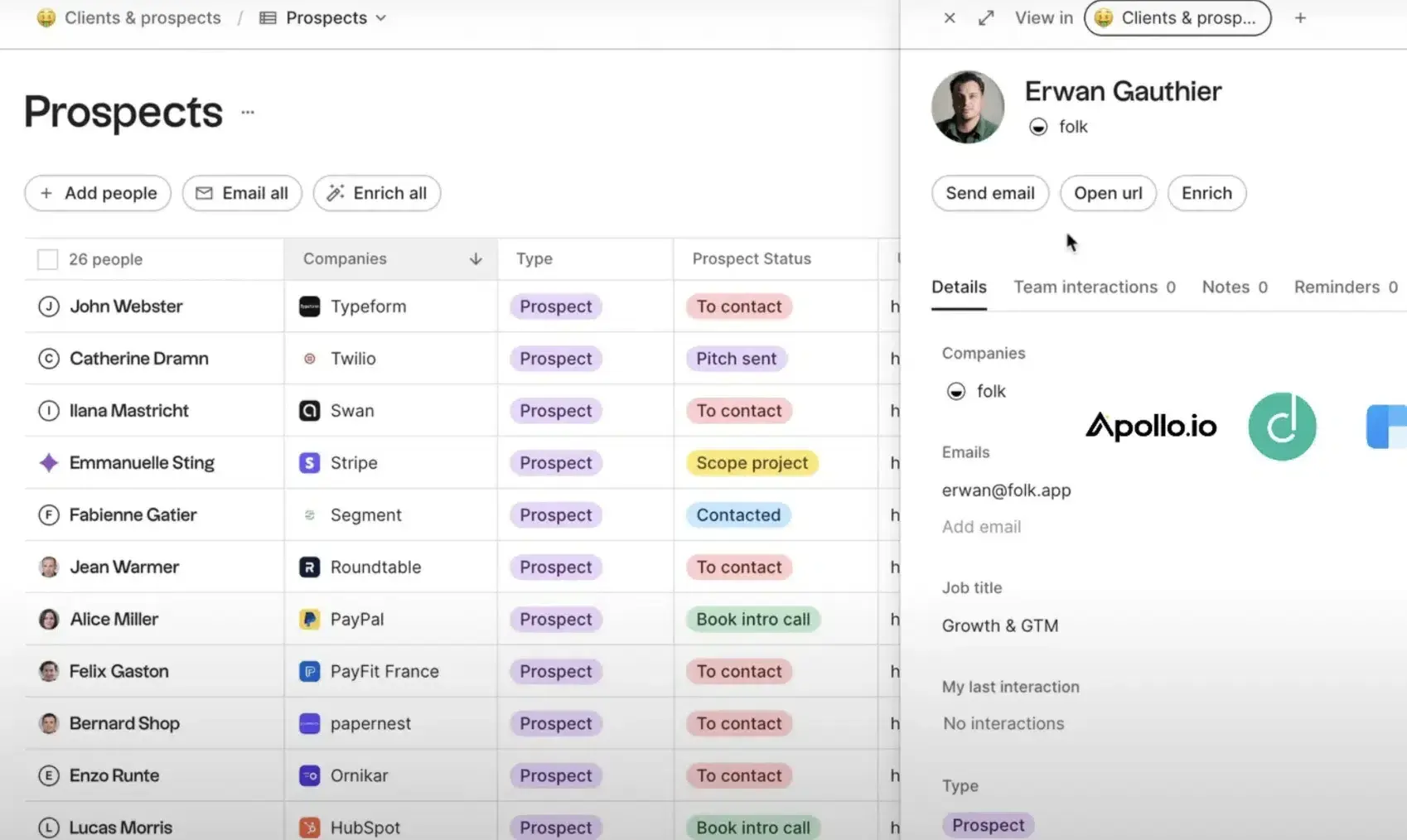 screenshot showing an example of a contact in the folk crm in action; a potential venture capital crm